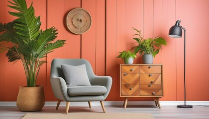 Contemporary Chic: Armchair Oasis with Lush Greens and Coral Accents"
"Urban Tranquility: Armchair Haven Amidst Greenery and Coral Hues"