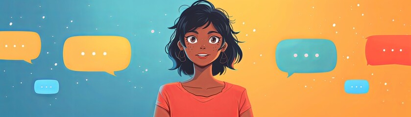 Illustration of a young woman with dark hair and brown eyes looking at the viewer with speech bubbles around her head.