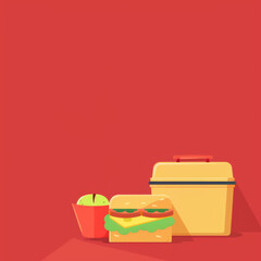 Vector flat design featuring a lunchbox and a sandwich, copyspace, background plain red, school lunch for students, healthy eating, overeating problems