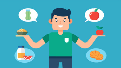 Despite being bombarded with adver for fatburning supplements the man confidently rejected them and instead focused on nourishing his body with wholesome nutritious food.. Vector illustration