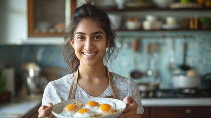 young indian woman holding a bowl of fried eggs at kitchen