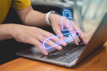 Man using laptop with password. Lock, hacking. Crack password concept.