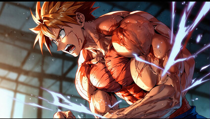 Anime poster angry mad muscular guy Kawaii manga style japanese cartoon comics scene