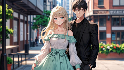 Obraz premium Attractive Anime poster Kawaii models guys girls manga style japanese cartoon comics