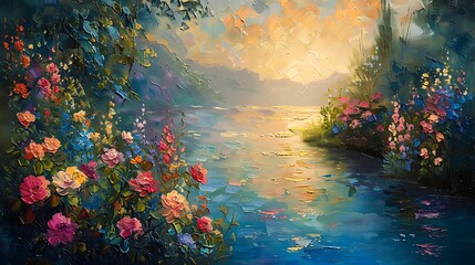 A serene impressionist painting of a sunlit garden, quick brushstrokes, vibrant and blended colors, flowers in bloom, soft sunlight, dynamic composition, rich greens, blues, and pinks.