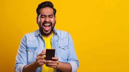 Excited man using smartphone on yellow background