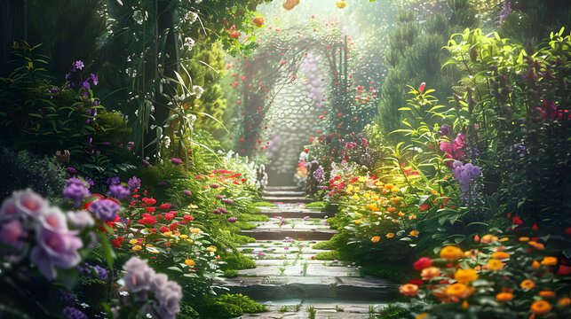 beautiful secret fairytale garden with flower background. Generative AI.