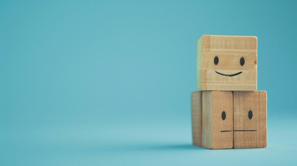 Obraz premium World Mental Health Day or feedback rating concept, featuring wooden cubes with emotion face icons stacked against a blue background.