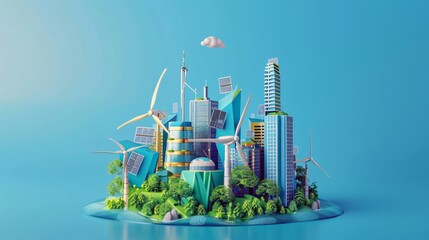 A Vibrant 3D Cartoon Illustration of a Futuristic City for Environmental Day and Sustainable Living