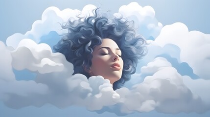 Beautiful woman surrounded by clouds. Restless mood and relaxation concept. Generative AI.