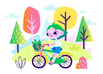 Cartoon girl riding a bicycle outdoors. Cute girl riding a bike in the park. Young cyclist rides through the forest.