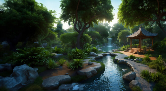 beautiful Japanese like zen garden with trees and water and beautiful evening light