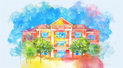 Fototapeta premium Vibrant School Building in Watercolor with Artistic Blue Background, university, college side view, Back to school university