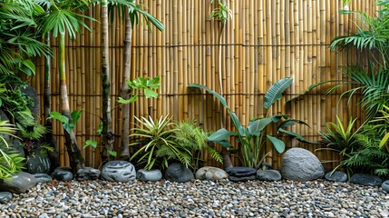 A bamboo fence with tropical plants and pebbles, creating an exotic garden backdrop in the style of...