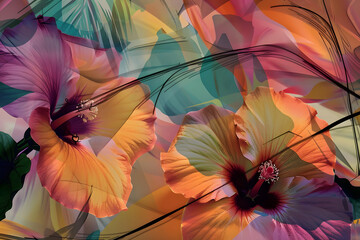 Fototapeta premium abstract hibiscus flowers with tropical colors and dynamic lines. generative ai