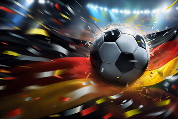 A soccer ball flies across the field against the background of the German flag. The concept of winning the World Cup