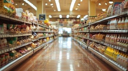 Fototapeta premium A barren grocery store aisle with empty shelves, emphasizing supply disruption and economic distress