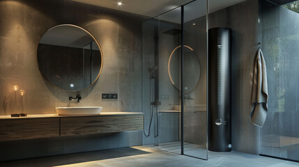 Elegant glass-enclosed water heater in a contemporary bathroom with a minimalist mirror and floating washbasin sink