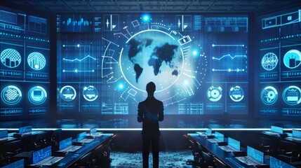 man standing in a control room looking at a large screen with a map of the world and various data.