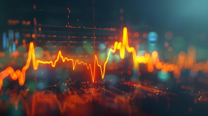 A blurred background of stock market charts with an ECG line in the foreground, representing health and wellness on a blurry business backdrop.