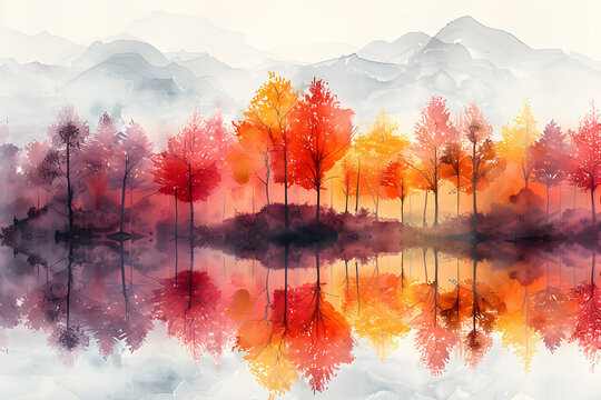 A stunning watercolor painting of a serene autumn landscape with vibrant trees reflected in a calm lake, set against a backdrop of misty mountains.