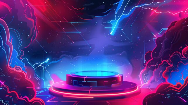 Electro scene mega sale banner featuring a neon-lit danger podium, set against a night backdrop. - Powered by Adobe