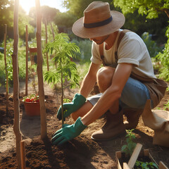 Nurturing Nature: A Gardener's Care for Young Tomato Plants in a Sunlit Garden Promoting Organic and Sustainable Agriculture