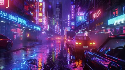 atmospheric 80sinspired cinematic night street scene with neon lights and retro aesthetics aigenerated cityscape illustration