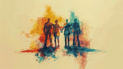 Create a minimalist artwork focusing on teamwork. Illustrate a group of individuals standing together with their hands stacked in the center. Use basic shapes and soft tones to convey a sense of