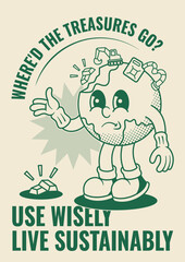 Natural Resource Depletion Poster with Earth Retro Mascot Illustration Outline Version