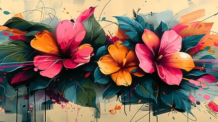 A vibrant graffiti art floral design, bold and bright colors, abstract flower shapes, urban street art elements, dynamic composition, spray paint textures, vivid pinks, greens.