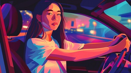 beautiful asian woman driving car confident female driver illustration generative ai