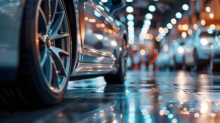 A car showroom with cars parked on the left, blurred background, and a closeup of one gray vehicle's tires in focus.