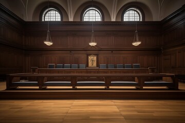  A spacious courtroom with wooden benches and a raised judge's bench.