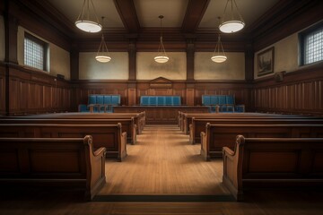  Interior of a courtroom with wooden benches and a large wooden panel.
