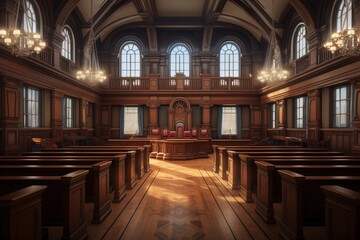 A courtroom with wooden benches and windows, providing a dignified setting for legal proceedings.
