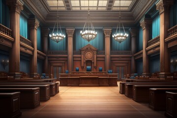 A spacious courtroom with a polished wooden floor and lofty ceilings, providing an atmosphere of grandeur and authority.
