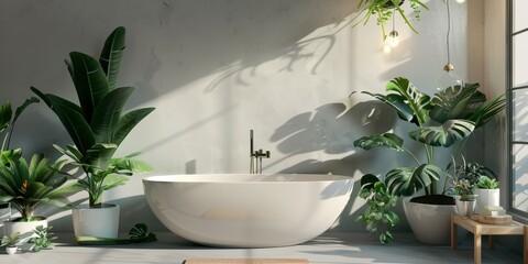 The image shows a modern bathroom with a large bathtub, a few plants, and a window