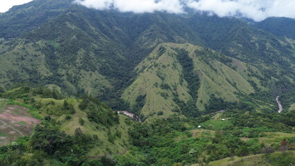 Aerial view panorama of the village with a mountain background