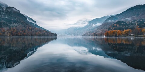 The photo is of a mountain lake with crystal clear water reflecting the sky and the mountains