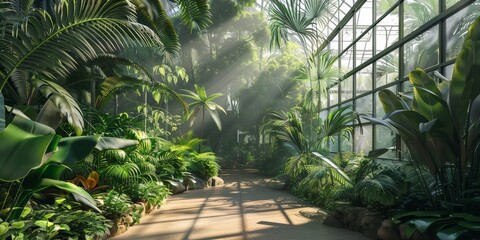 The photo shows lush tropical plants in a greenhouse with bright sunlight shining through the glass roof.