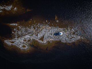Aerial view of an island above a Finnish lake
