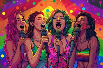 Four women sing together into microphones at a colorful Pride celebration. Their vibrant outfits and joyful expressions and happiness, spirit of LGBTQ+ pride and diversity in a lively setting.