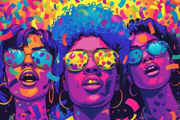Three African-American women wearing colorful sunglasses and vibrant outfits celebrate Pride Month with confetti falling around. joyful colors emphasize celebration, fun, and spirit of LGBTQ+ pride