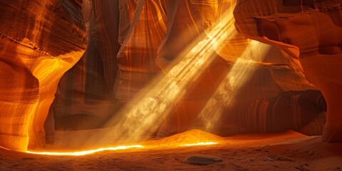 The sunlight shining through the narrow opening of a cave.