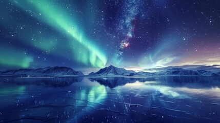celestial spectacle mesmerizing aurora borealis dancing over starry night sky and reflective sea landscape photography