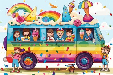 Rainbow-themed ice cream truck with happy children enjoying treats, surrounded by colorful decorations. Playful and vibrant design captures joy, celebration, LGBTQ+ pride in a fun, cheerful setting.