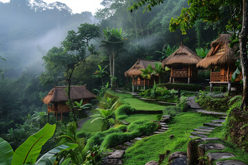 Summer yoga retreat in a serene Balinese forest, relax concept