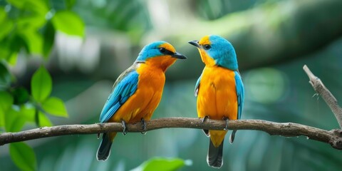 Fototapeta premium Two colorful birds sitting on a branch.