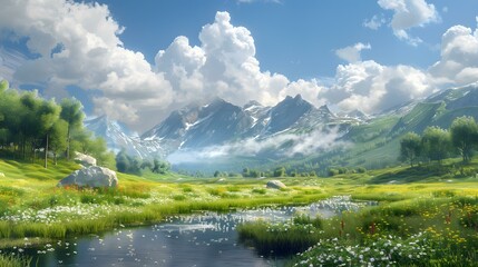 Misty mountains and valley with river and flowers